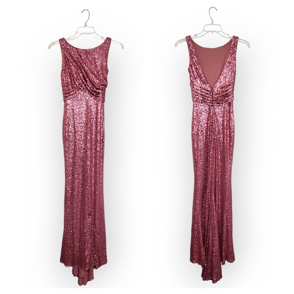 Badgley Mischka Rose Pink Sequin High Neck Low Back Evening Gown with Train 2 - Picture 1 of 10